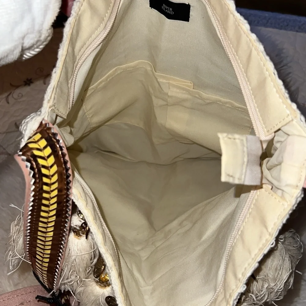 NWT River Island White Tassle Tote Fabric Shoulder Bag 🇬🇧